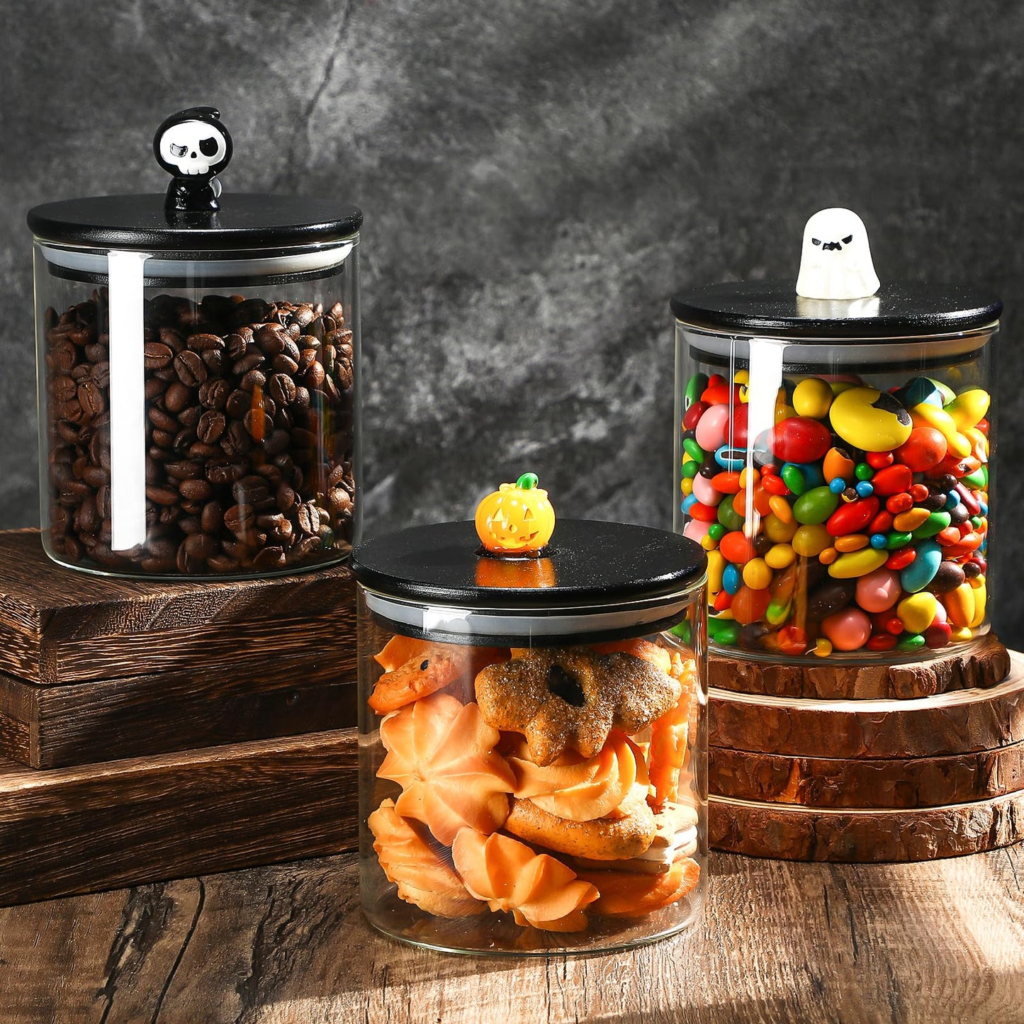 Chuangdi 22 oz Halloween Glass Jars with Bamboo Lid Set of 3 Ghost Grim Reaper Pumpkin Glass Storage Canister Halloween Decorations Indoor for Kitchen Tiered Tray Table Home Party Supplies