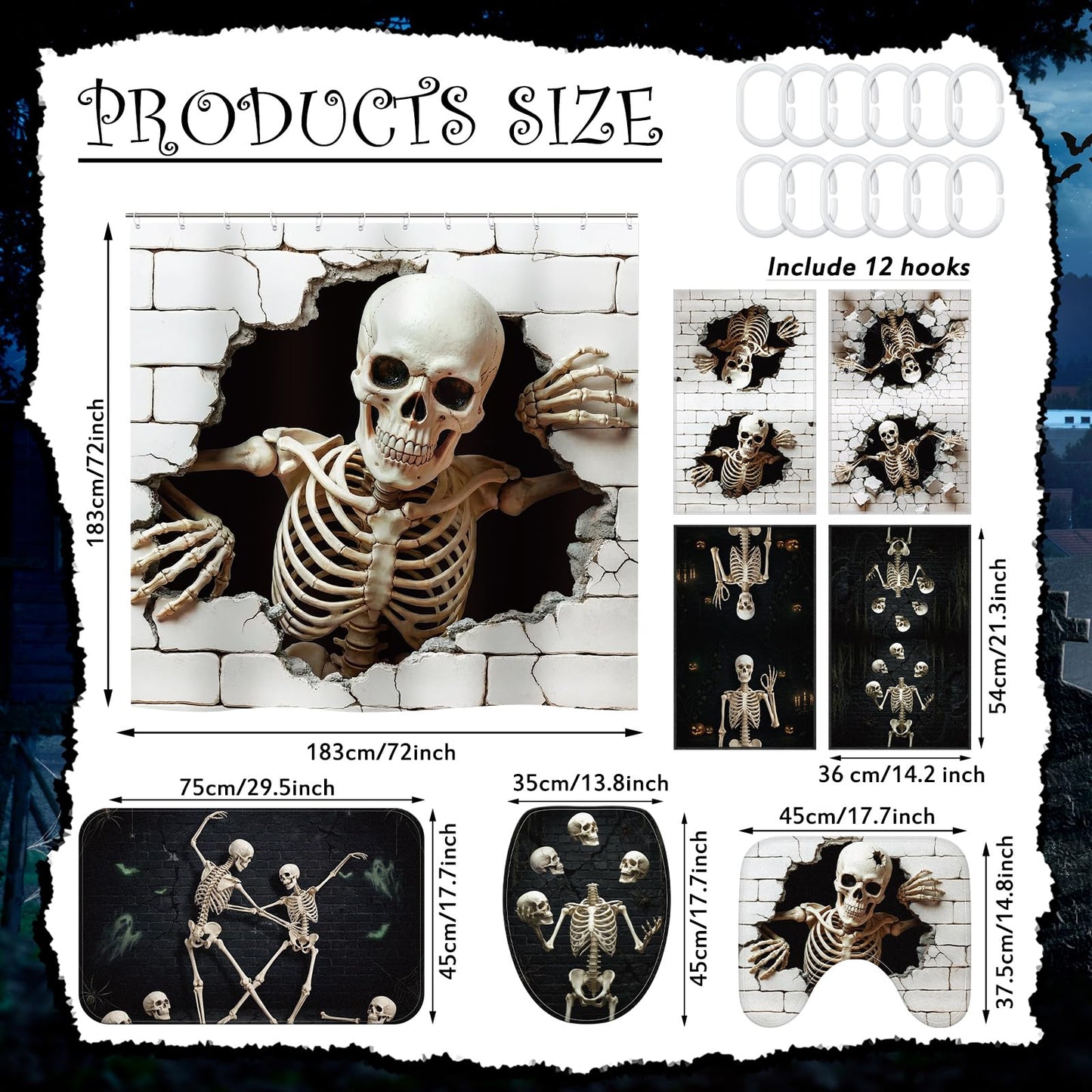 FuWeave 8 Pcs Halloween Shower Curtain Set, Skeleton Breakthrough Bathroom Decor with 3D Wall-Breaking Skull, Include Non-Slip Bath Mat, Toilet Lid Cover, Towels and 12 Hooks for Gothic Bathroom