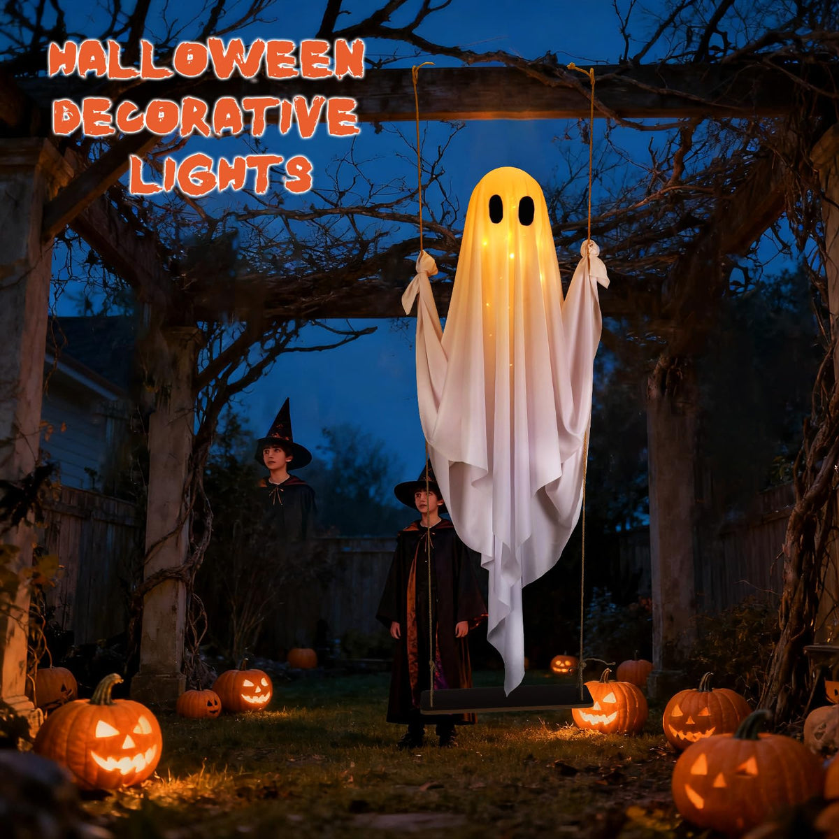 Yywsya Halloween Decorations Outdoor Large Hanging Swing Ghost with String Lights Remote Control Halloween Swinging Ghost Decor for Tree Porch Yard Garden Lawn