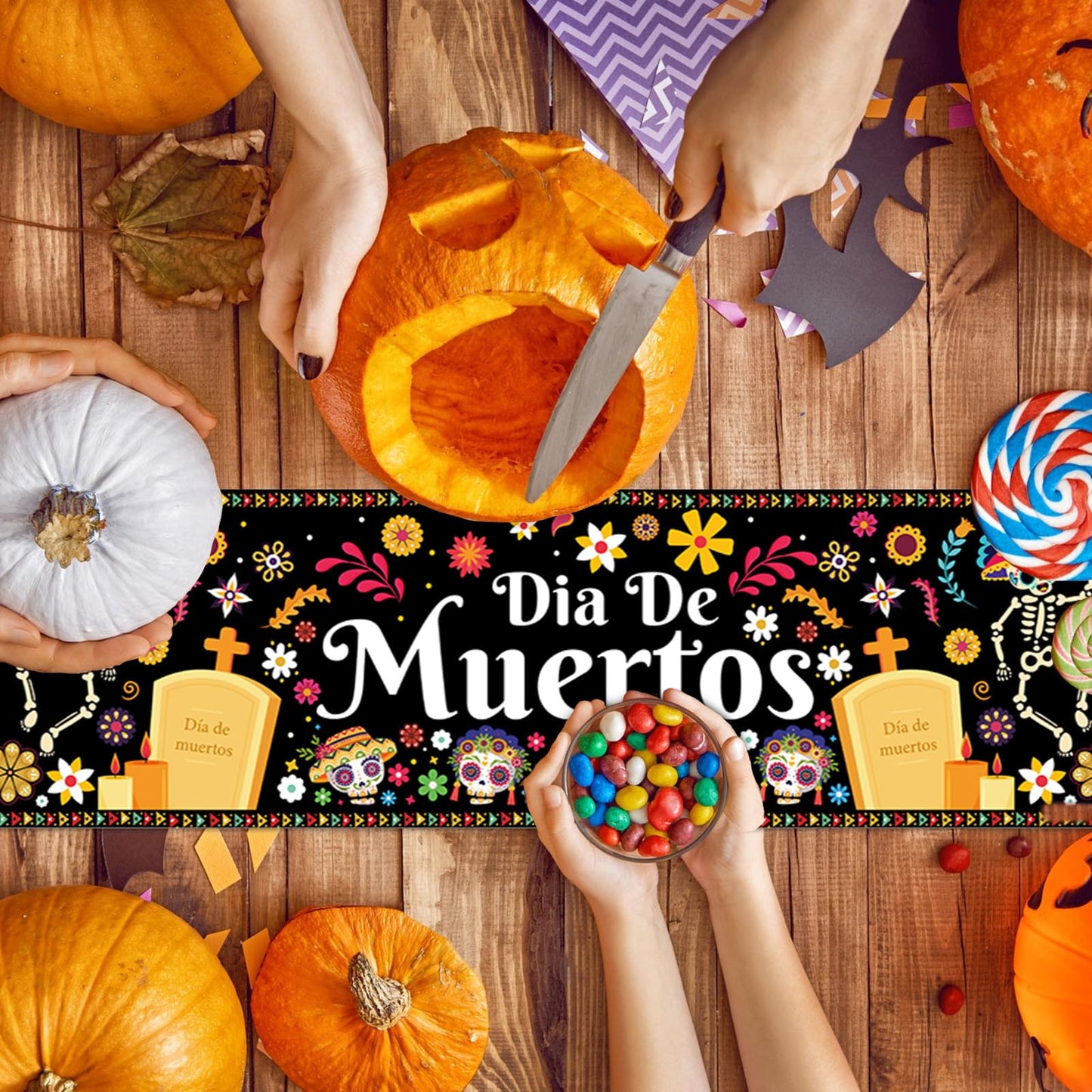 Halloween Table Runner 72 Inches Long, Day of The Dead Table Runner Dia De Los Muertos Sugar Skull Table Runner Happy Halloween Runners for Table Line Cover Tablecloth for Halloween Party Decorations