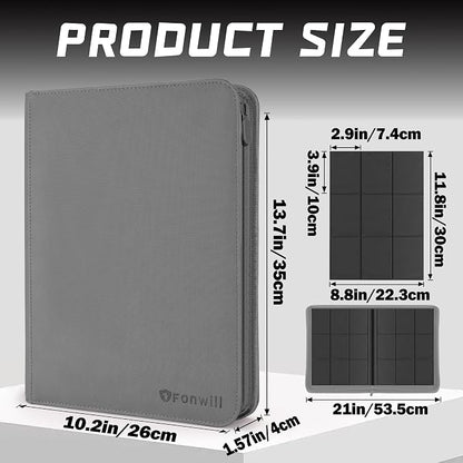 Trading Card Binder,360 Pockets Trading Card Holder Book, Premium PU Cover Zip Folder Binder, Side Loading Carrying Case Binder Album for TCG, MTG,Sports Cards, Game Cards (Gray)