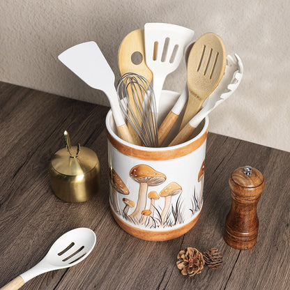 Bicuzat Brown Ceramic Mushroom Pattern Kitchen Utensil Holder, Large Cooking Utensil Crocks for Kitchen Countertop, Ceramic Utensil Organizer