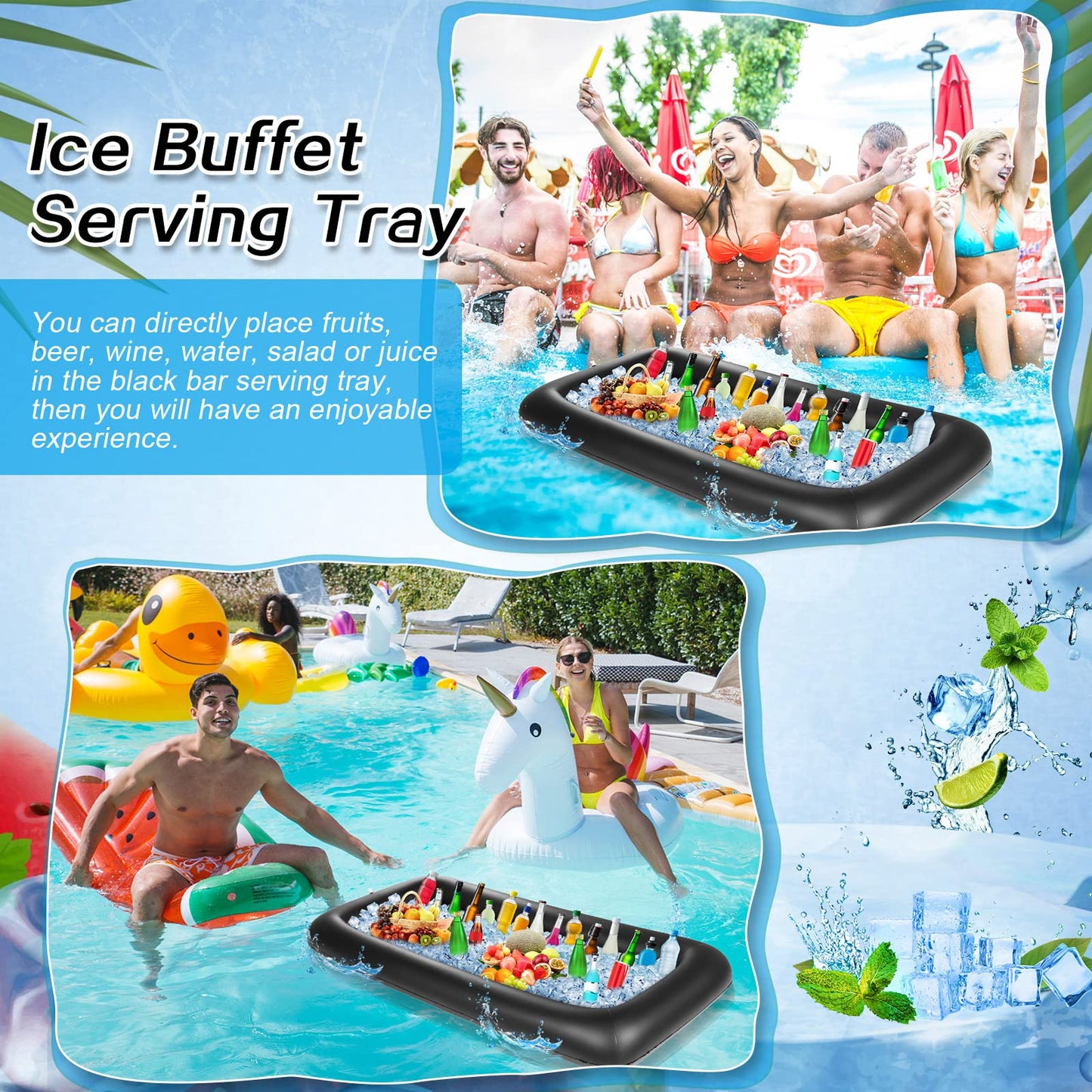 Leitee 3 Pcs Inflatable Serving Bar 52 x 24 x 5'' Ice Buffet Serving Tray Drink Cooler with Drain Plug Inflatable Pool Bar for Party Food Drink Holders with a Hand Pump(Black)