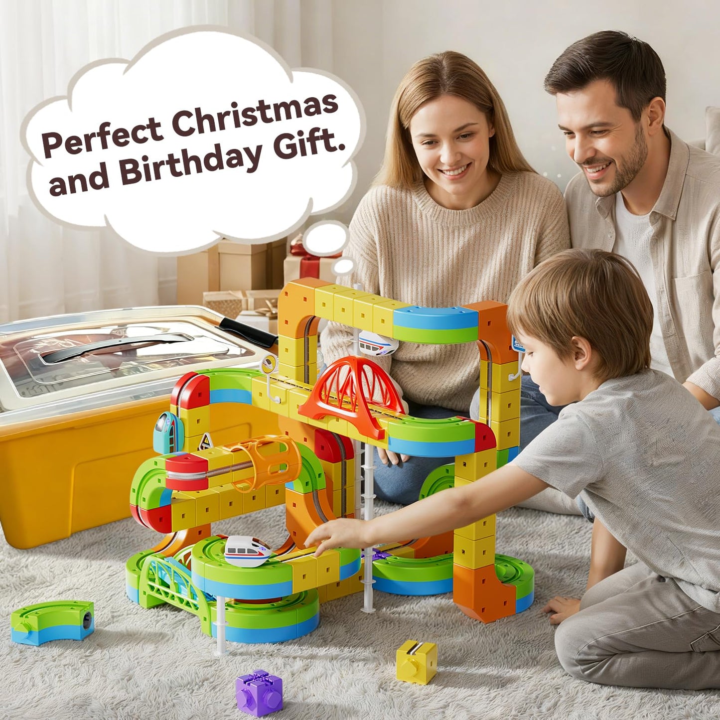 Upgrade Electric Train Set, 3D Cube Track-DIY Rail Cube Block Kit, 172PCS STEM Gravity-Defying Motorized Trains Race Tracks Toys Gift for Kids Boys Girls Age 3 4 5 6 7 8+