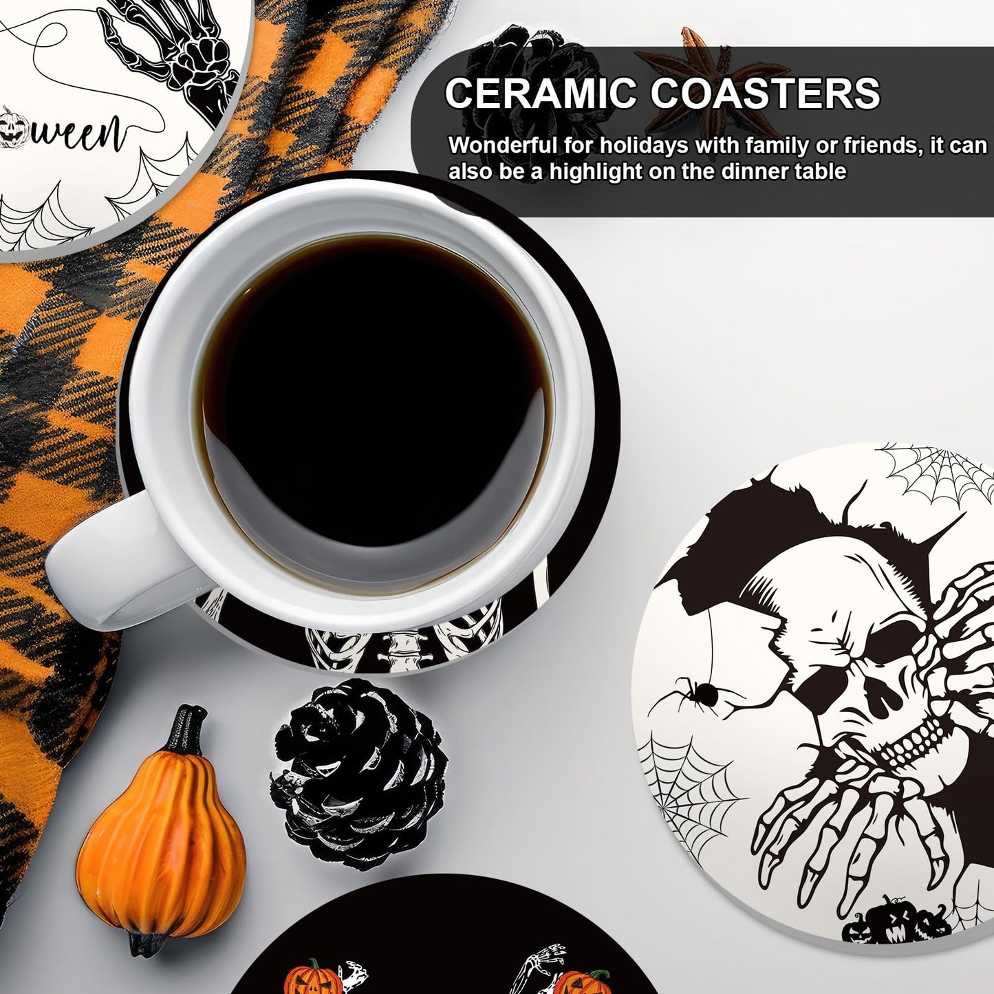 Whaline 4Pcs Halloween Ceramic Coasters Skeleton Pumpkin Drink Coasters Absorbent Cup Mat for Mug Cup Home Kitchen Party Table Decor