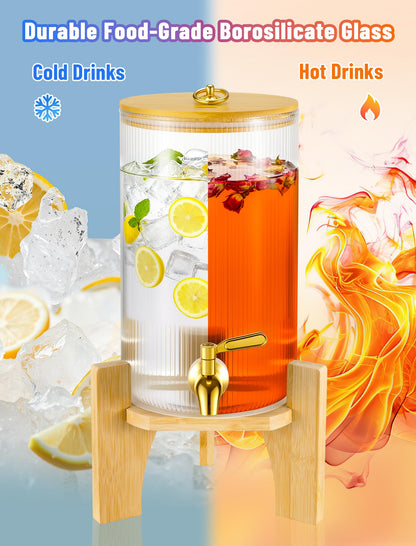 NiHome 2-Pack 1.3 Gallon Drink Dispenser for Parties, 4.9 L Glass Iced Beverage Dispenser, Large Glass Party Drink Dispensers for Lemonade, Tea, Juice & Bamboo Lid, Wood Stand & Stainless Steel Spigot