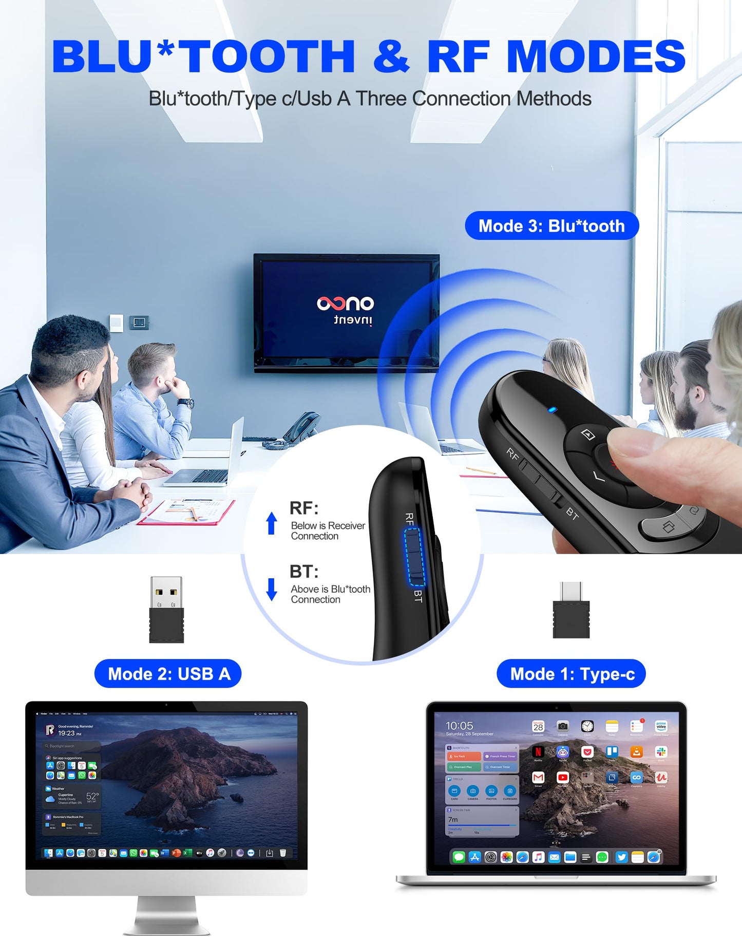 DinoFire USB Type C Wireless Presentation Clicker, BT&RF 2.4GHz Dual Modes Presenter Remote for PowerPoint Presentations Compatible with Bluetooth-Enabled Laptops Desktop Computers