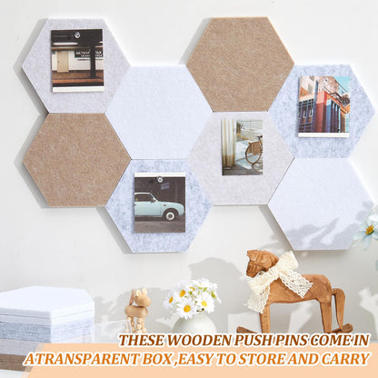 Mindsoft 16 Pcs Hexagon Cork Board for Walls with 50 Wooden Push Pins 6.7 x 5.9 in Felt DIY Tiles Notice with Nano Tape Hanging Bulletin Board for Home Photo Office Memo Note(Light Camel)