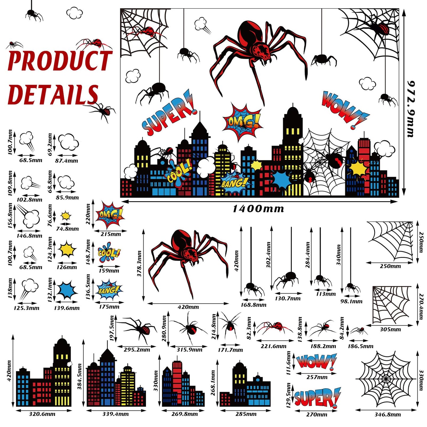 Gilprop Spider Theme Wall Stickers Spiderweb Wall Decal Colorful City Skyline Decor Pack Cool Comics Style Peel and Stick(L,Spider)