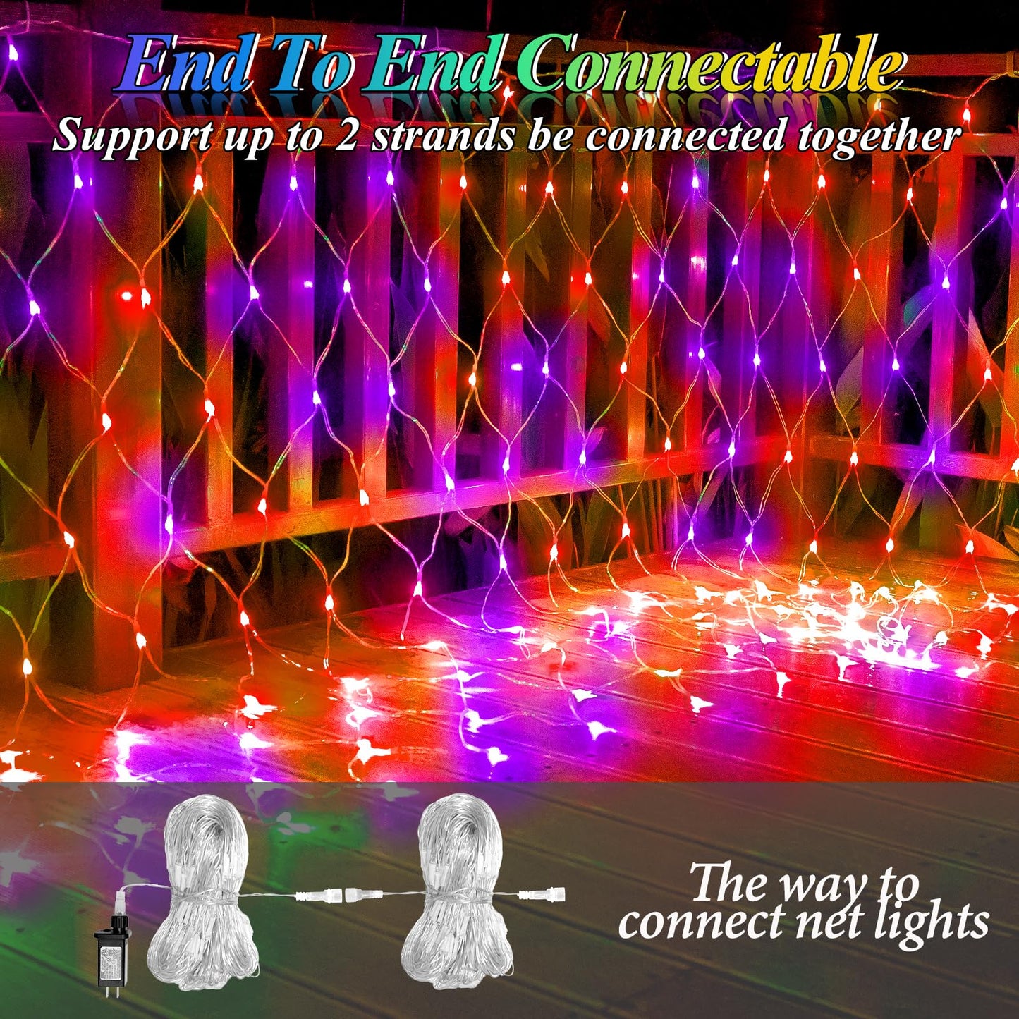 Lovelite 510LED Halloween Net Lights, 28ft x 5ft Outdoor Mesh Lights Purple Orange Clear Wire, 8 Modes & Timer, Waterproof Connectable String Lights for Bushes Xmas Tree Garden Holiday Party