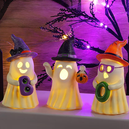 Lulu Home 3 Packs Halloween Tabletop Ornaments, 5.5" H Light Up Resin Ghosts Wearing Glittered Witch Hats, Boo Ghost Figurines for Indoor Fireplace Kitchen Shelf Holiday Decorations