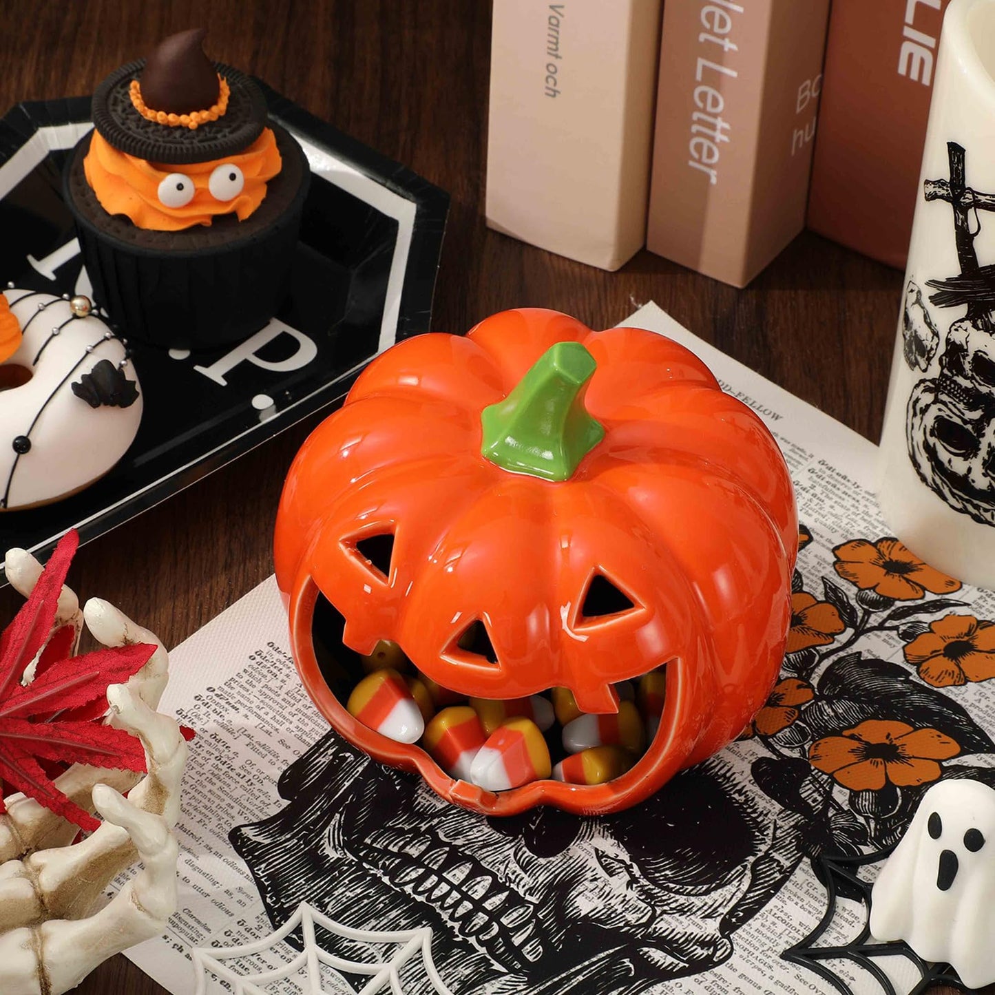 JarThenaAMCS Halloween Candy Dish Holder Pumpkin Ceramic Dish Orange Black Candle Holder for Trick or Treat Halloween Tired Tray Decor