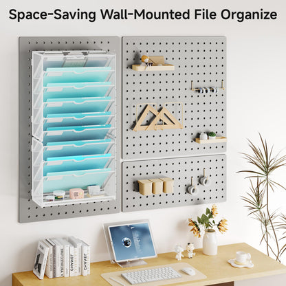 Lavatino 10-Tier Hanging Wall File Folders Organizer - White Metal Mesh Paper Magazine Document Mail Holder File Organizer for Office School Home Wall Mount or Desk Supplies Organization
