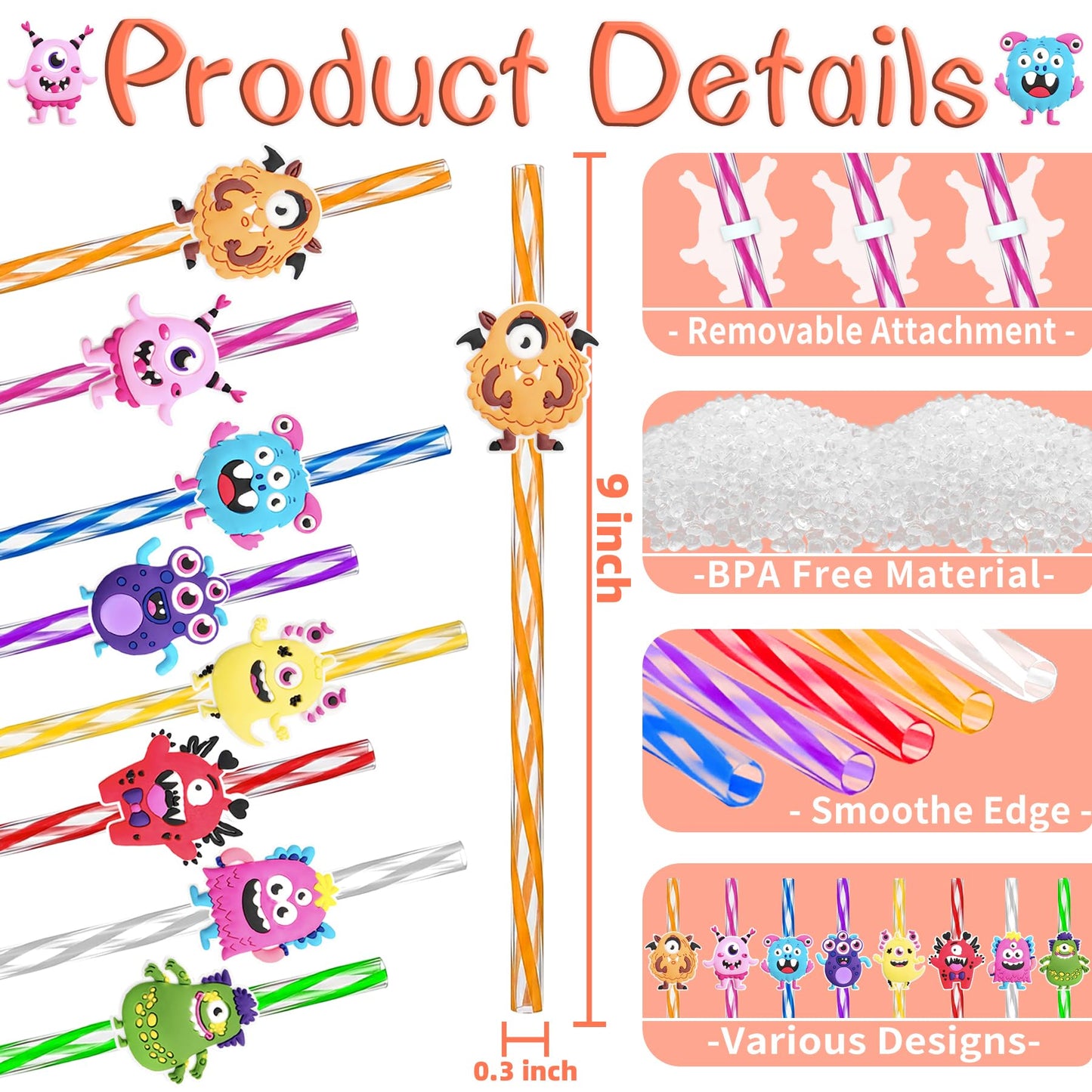 24 Monster Drinking Straws for Birthday Party Decorations Supplies-Reusable Plastic Cocktail Straw for Boys Girls Monsters Theme Party Favors Decor Gift School Reward Halloween,Dishwasher Safe Straws