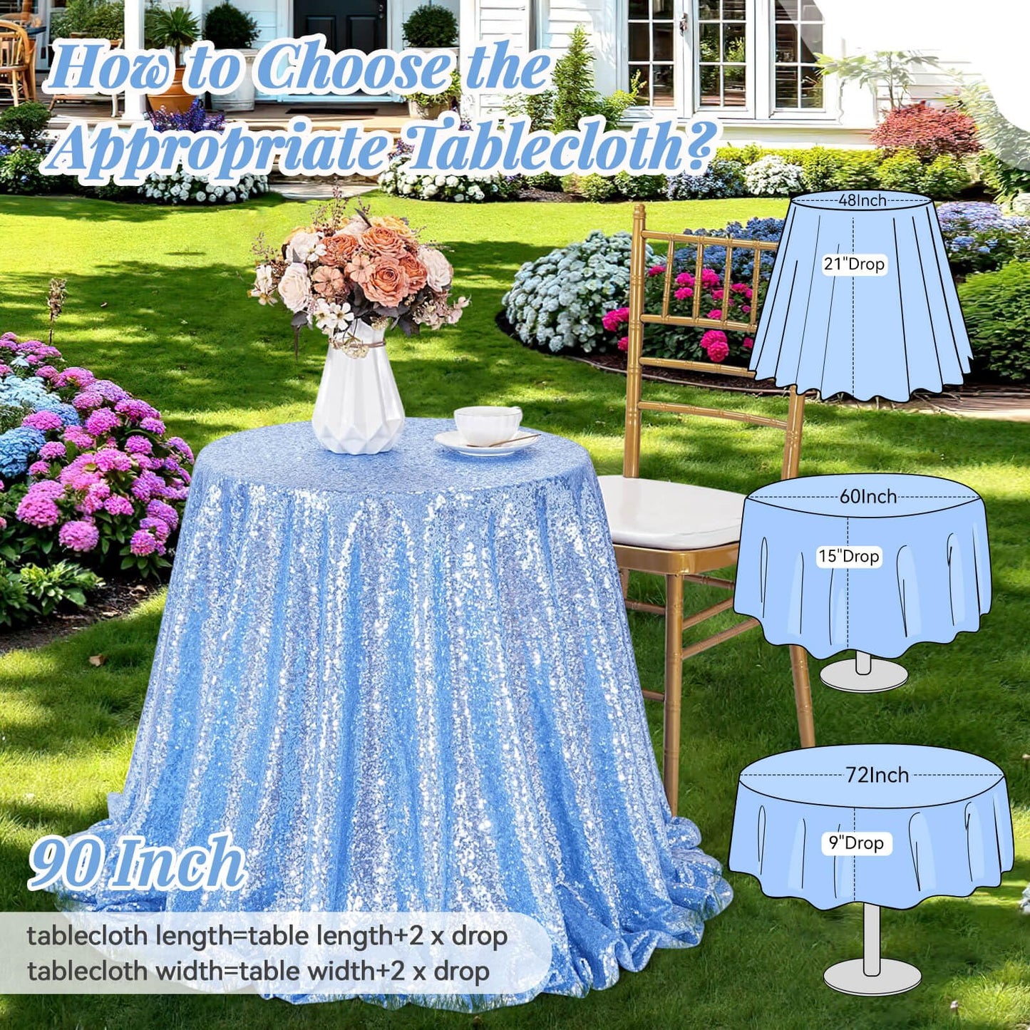 B-COOL Baby Blue Round Tablecloth - 90 Inch Sequin Tablecloth Party Table Covers for Wedding Banquet Dining Birthday Halloween Christmas Party Table Decoration