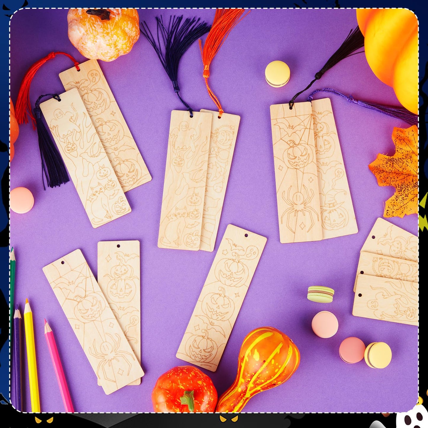 AmazingSpark 100 Pcs Wood Bookmarks Bulk DIY Crafts Kit, 50 Set Blank Coloring Bookmarks with Tassel for Classroom Gifts Exchange Activity Reading Party Favor Reward Goodie Fillers(Halloween)