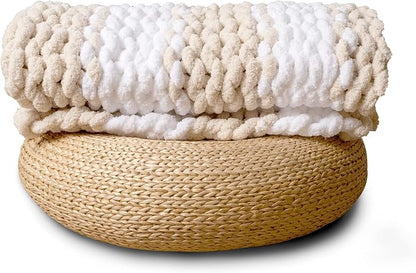 Adyrescia Chunky Knit Blanket Throw | 100% Hand Knit with Jumbo Chenille Yarn (50"x60", Oatmeal and White Stripes)