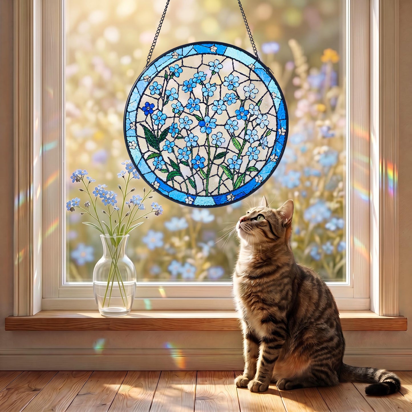Sahoottie Forget Me Not Flower Stained Glass Window Hanging 7.9in