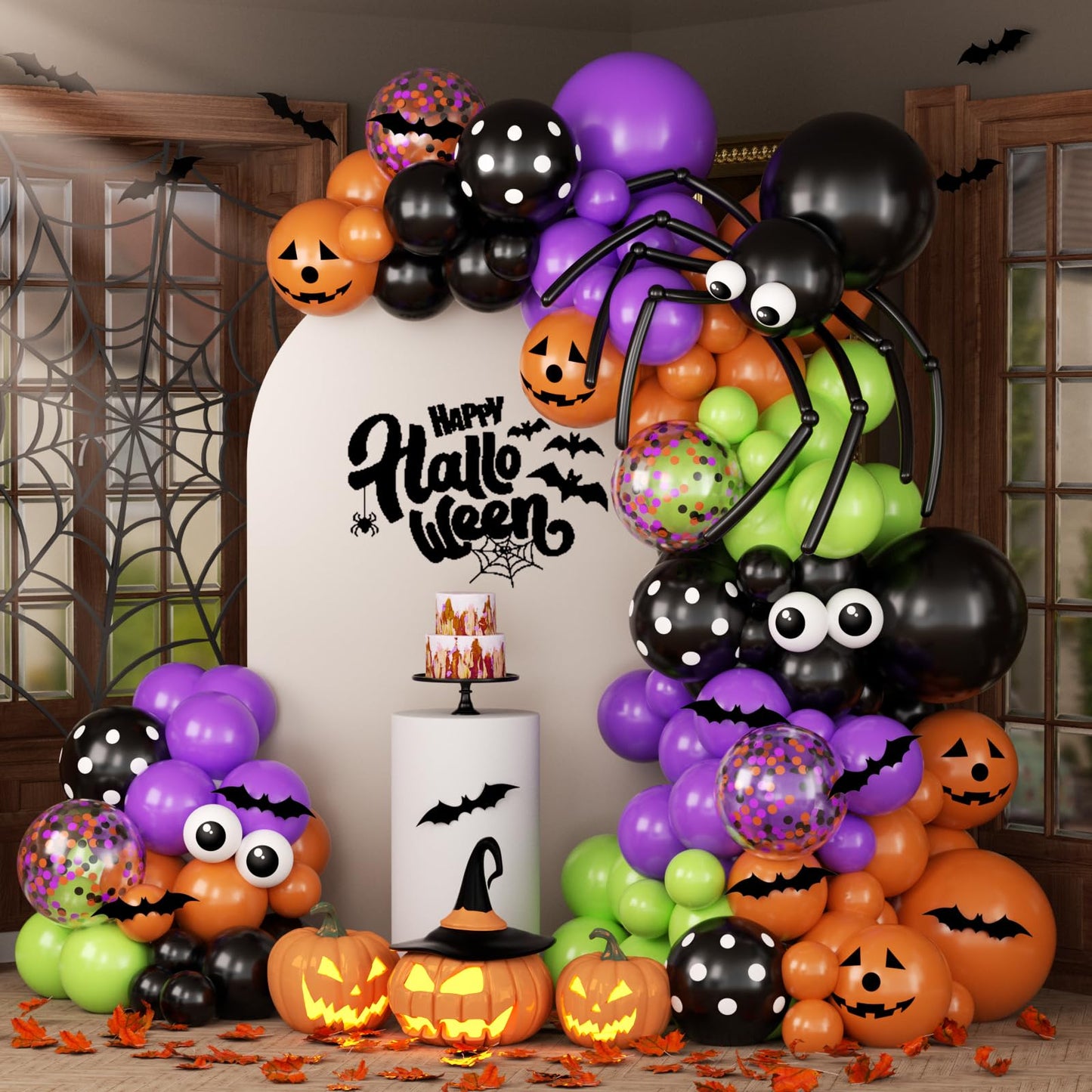 136Pcs Halloween Balloon Garland Arch Kit with Purple Black Orange Green Eyes Balloons, Bats, Spider Web for Halloween Party Decorations