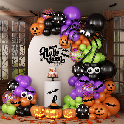 136Pcs Halloween Balloon Garland Arch Kit with Purple Black Orange Green Eyes Balloons, Bats, Spider Web for Halloween Party Decorations