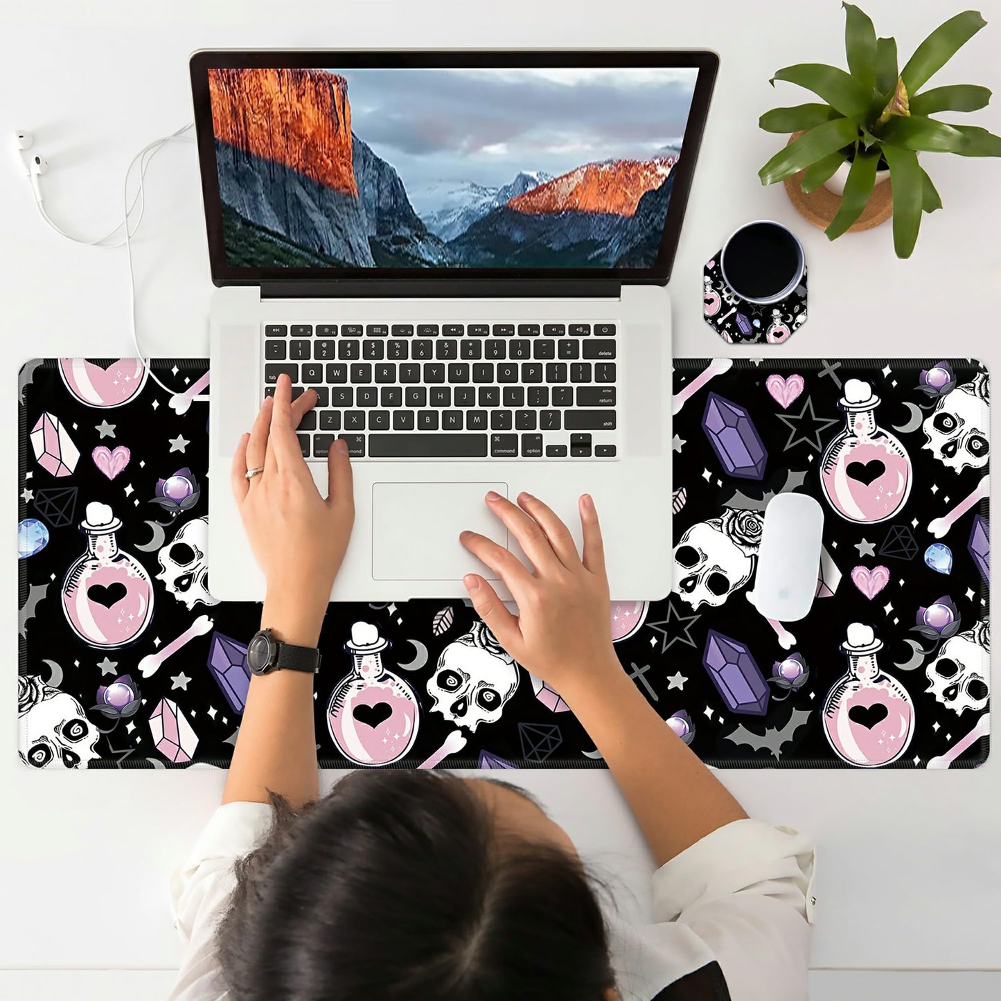 XXL Extended Mouse Pad with Coaster 31.5 x 11.8 Full Desk Mousepad Stitched Edges Pad Extended Large Gaming Mouse Pad for Office Home Desk Mat-Skull Goth Magic Cute Witchy