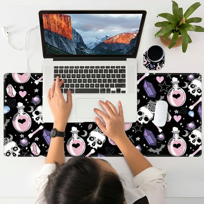 XXL Extended Mouse Pad with Coaster 31.5 x 11.8 Full Desk Mousepad Stitched Edges Pad Extended Large Gaming Mouse Pad for Office Home Desk Mat-Skull Goth Magic Cute Witchy