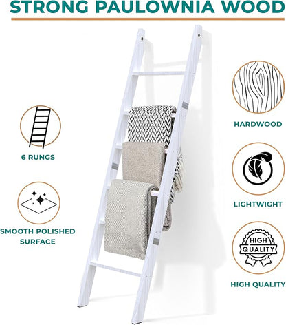 6 Tier Wooden Blanket Ladder - Rustic Style Quilt Ladder for Blankets - Blanket Rack for Wall - Blanket Holder - Farmhouse Decor Accent Furniture for Living Room (White, 6 Tier)