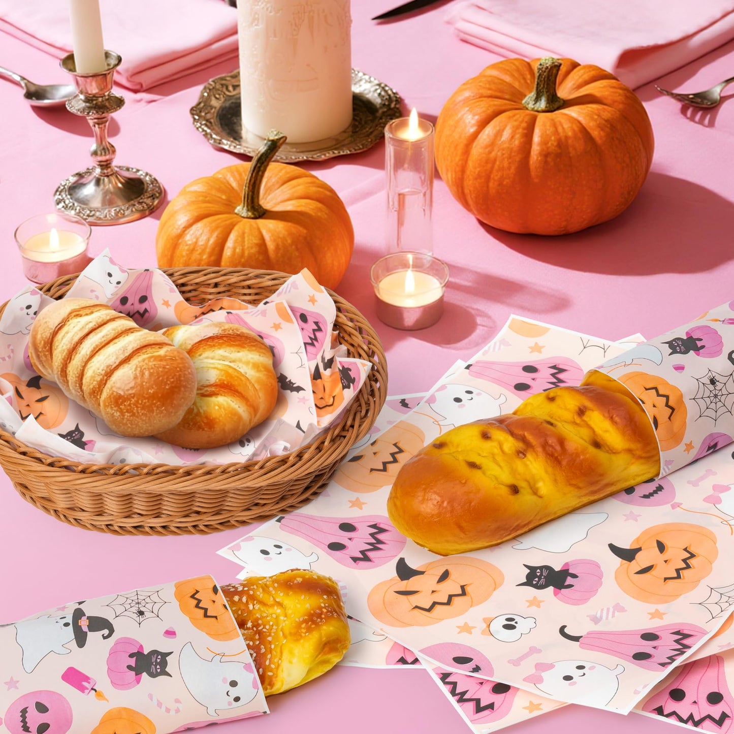 GROBRO7 Halloween Wax Paper Sheets - 150Pcs Pink Ghosts Pumpkins Bats Deli Papers, 9.8 x 8.3in Greaseproof Waterproof Food Wrap Disposable Sandwich Picnic Basket Liner Halloween Party Kitchen Supplies
