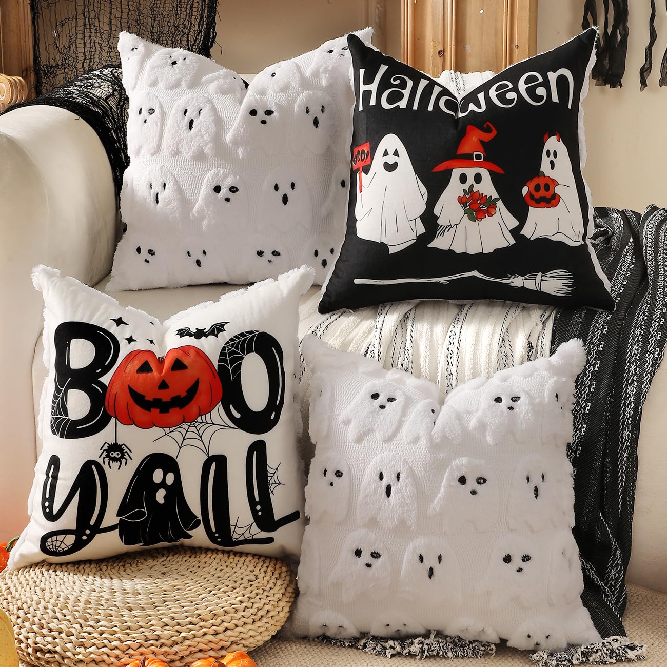TOYPOPOR Halloween Decorations, 2 Packs Double Sided Ghost Pillow Covers, Soft Faux Fur Throw Pillow Cases, Indoor Outdoor Couch Cushion Case for Fall Autumn Bedroom Living Room Home Decor 18''x18''