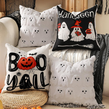 TOYPOPOR Halloween Decorations, 2 Packs Double Sided Ghost Pillow Covers, Soft Faux Fur Throw Pillow Cases, Indoor Outdoor Couch Cushion Case for Fall Autumn Bedroom Living Room Home Decor 18''x18''
