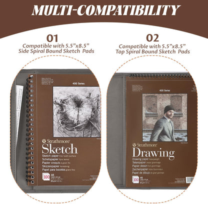 Plinyvel Travel Sketch Case & Cover: Leather Organizer Fits 5.5x8.5 Sketch Book & Spiral Pad | All-in-One Art Kit with Pencil Holder | Compact for Artists, Beginners & Travel (Gray)