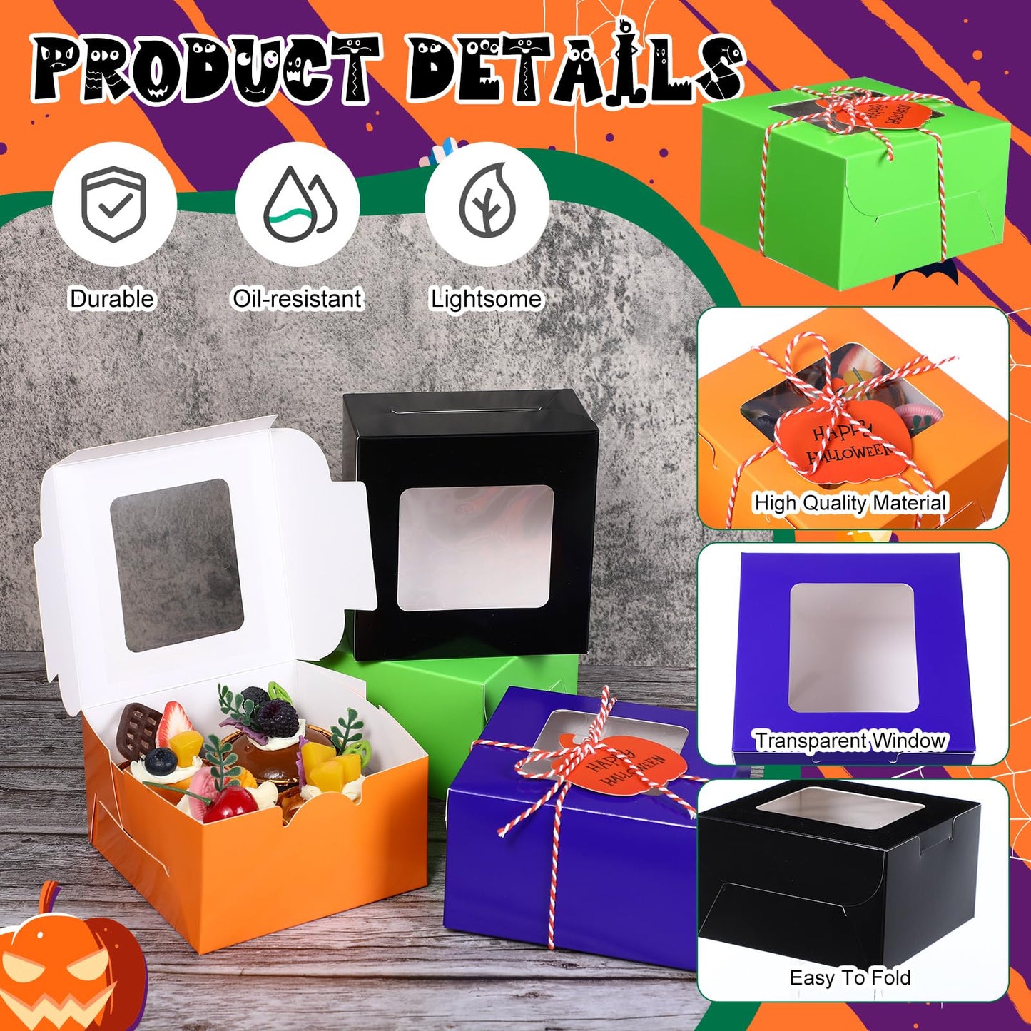 Resholder 48 Pcs Halloween Cookie Boxes with Window 4 x 4 x 2.8 Inch Tricks or Treat Boxes Candy Gift Bakery Dessert with Pumpkin Gift Cards, 3 Bundle Ropes for Halloween Party