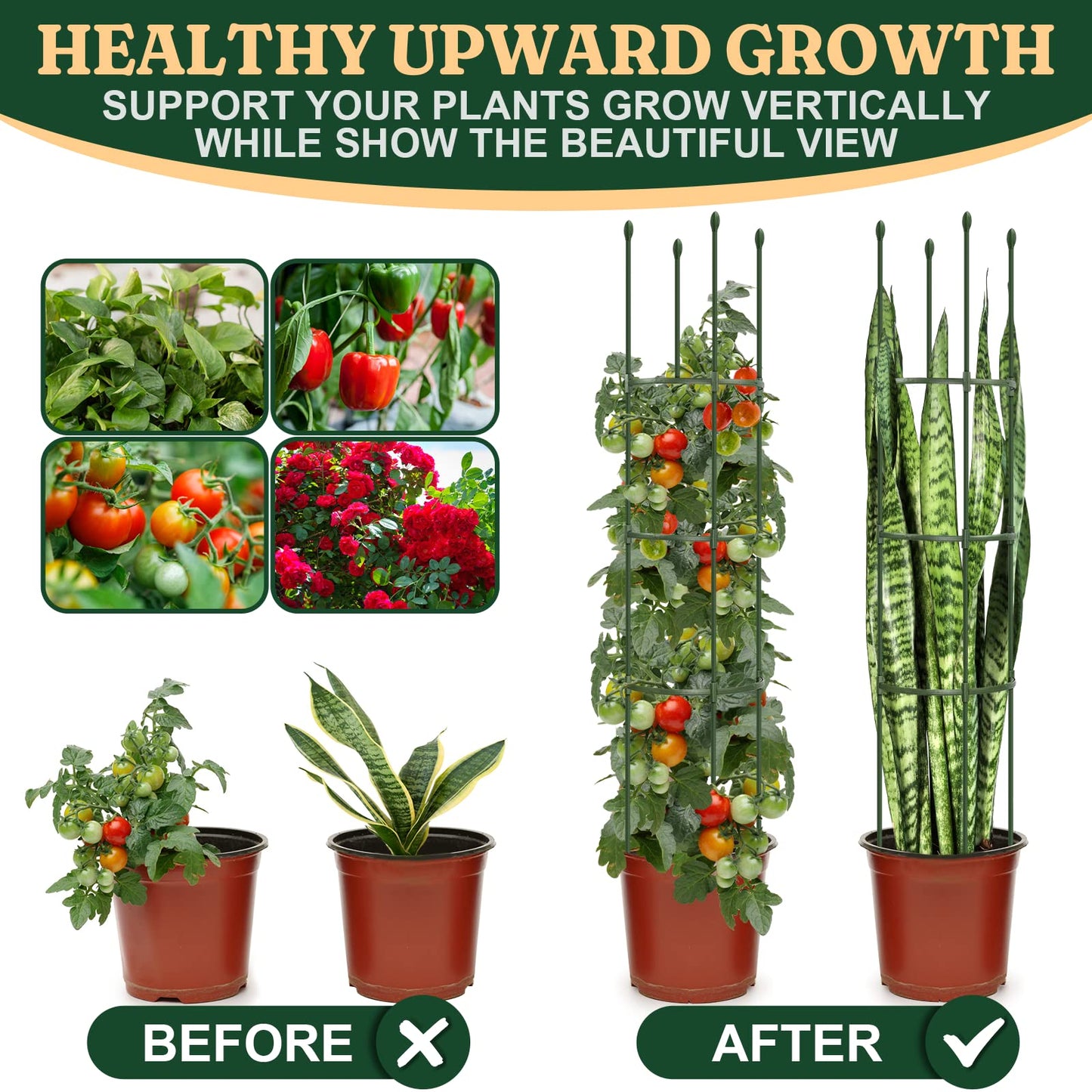 Round Heavy Duty Tomato Cage - 55 Inch Steel Core Plastic Coated Garden Trellis, 4-Post Rustproof Plant Support for Tomato/Cucumber/Beans, No Tools Snap Assembly, Spare Parts Available