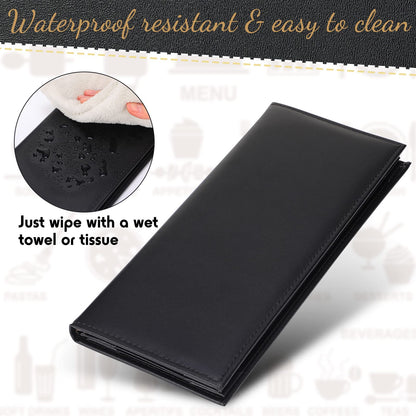 Jexine 12 Pcs Black Menu Covers Waterproof Restaurant Cafe Bar PU Leather 4 View Fold Menu Book with Angled Corners for Wine Drinks Cafes List Covers Set, 4.25 x 11 Inches