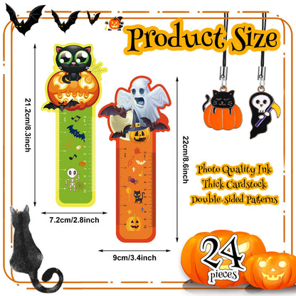 Pajean 24 Pcs Halloween Bookmarks, Ruler With Pumpkins, Ghost, Skulls Book Page Clips, Metal Charms for Classroom Rewards, Prizes, Holiday Party Favor Decorations