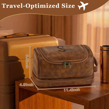 Aganmi Personalized Toiletry Bag Fathers Day Birthday Gifts for Men Dad Husband, Custom Initial Waterproof PU Leather Toiletry Organizer Dopp Kit Shaving Bag Travel Essential for Him Light Brown J