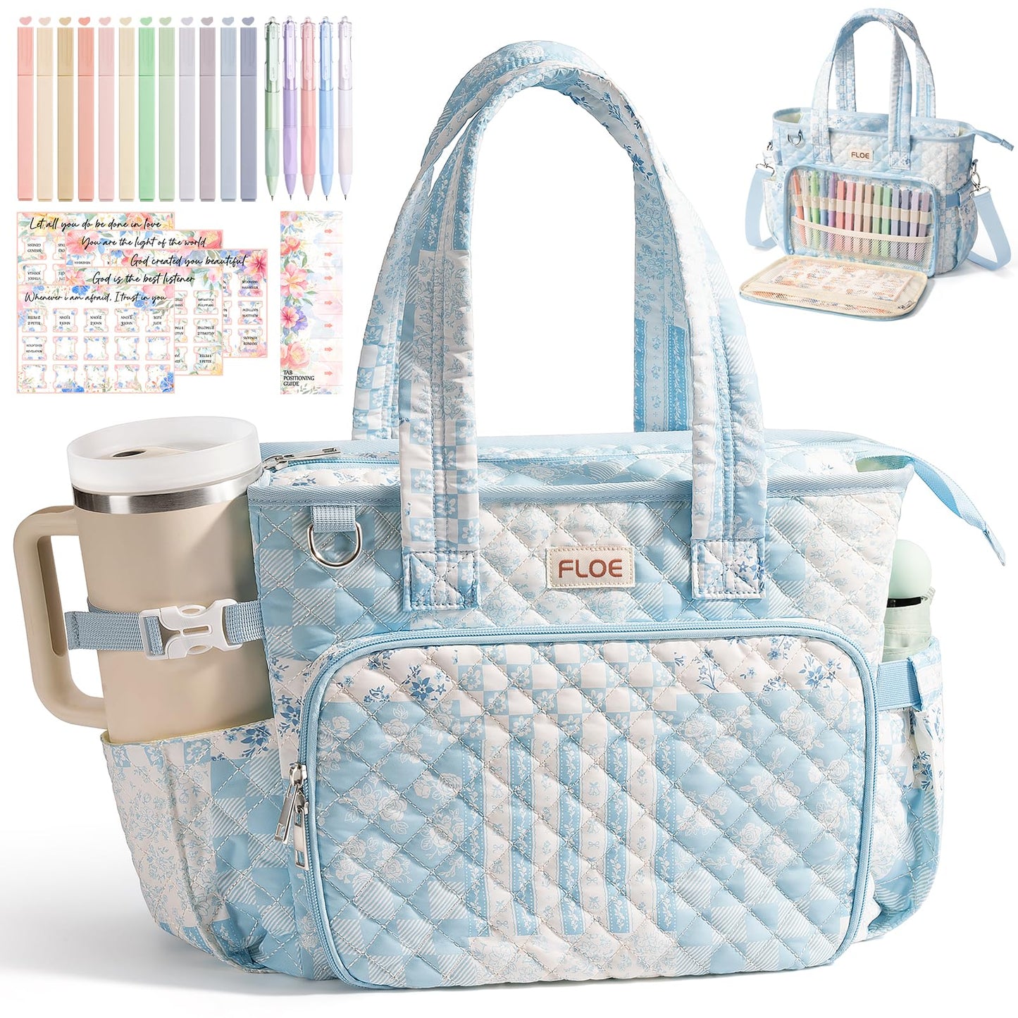 Large Bible Bag for Women Bible Cover Case, Quilted Puffer Bible Tote Bag Church Bag w/Shoulder Strap, Bible Study Supplies Journaling Kit Accessories Pen Tabs, Christmas Christian Gifts for Women Mom