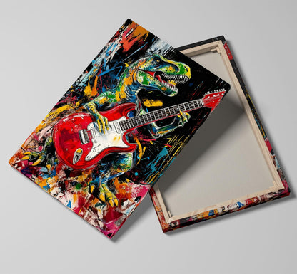 16x24 Graffiti Guitar T-Rex Wall Art Modern Rock Picture Framed Canvas Gallery Pop Prints Cartoon Home Office Decor DJ Dinosaur Urban Posters Funny Bedroom Living Room Kids Nursey Teen Boys Men