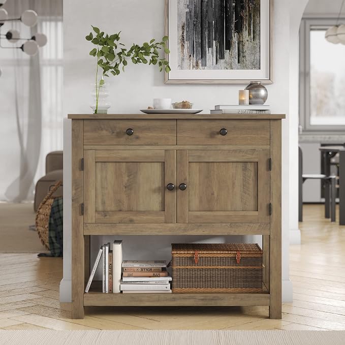 HOSTACK Farmhouse Console Table with 2-Door Cabinet & 2 Drawers, Coffee Bar, Entryway Table with Storage Shelf, Sofa Tables Buffet Sideboard for Kitchen, Hallway, Dining, Living Room, Rustic Brown