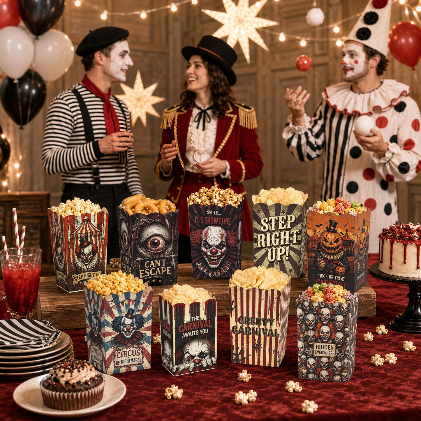 100 Pcs 10 Styles Halloween Creepy Clown Popcorn Boxes Cardboard Popcorn Bags Snack Boxes Spooky Treat Bags for Candy Biscuits Party Favors Halloween Movie Night Supplies Party Supplies