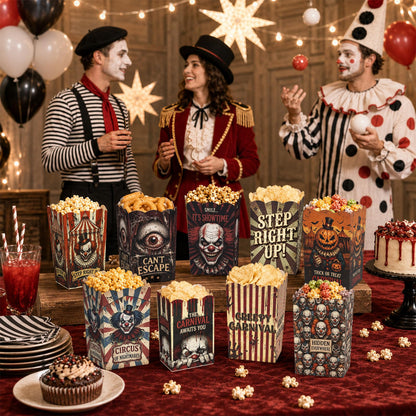 100 Pcs 10 Styles Halloween Creepy Clown Popcorn Boxes Cardboard Popcorn Bags Snack Boxes Spooky Treat Bags for Candy Biscuits Party Favors Halloween Movie Night Supplies Party Supplies