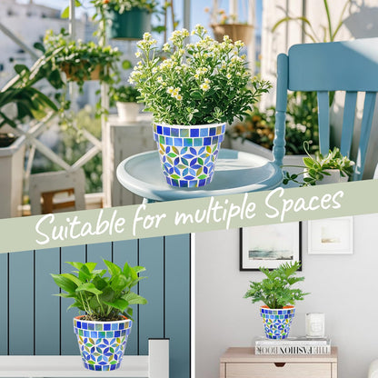 Chonsun Small Mosaic Plant Pot Flower Pots Ceramic Planter with Drainage Hole Small Ceramic Pot for Indoor Outdoor Plants Succulent Pots Blue with Flower Design