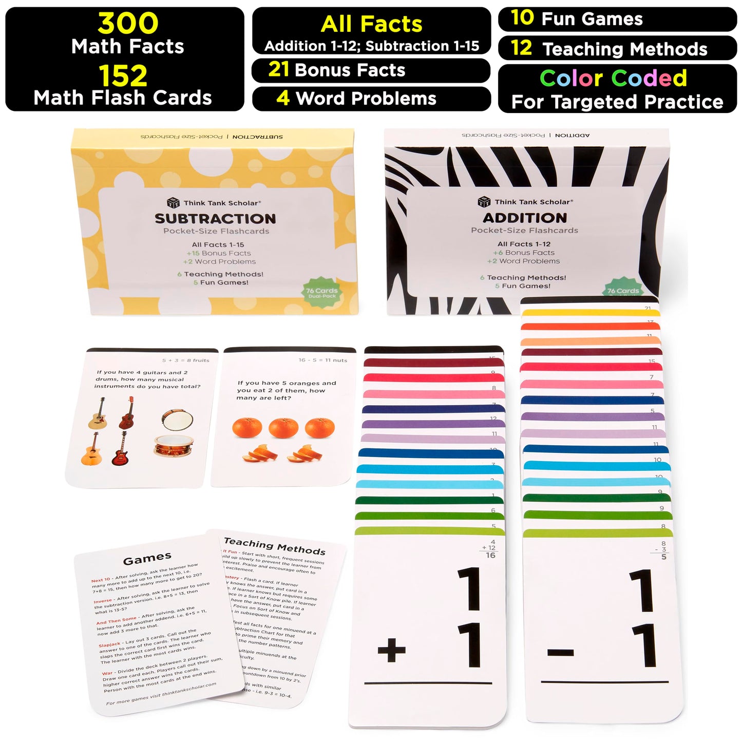 Think Tank Scholar Addition and Subtraction Flash Cards - 150 Facts 1-12 - Sub Facts 1-15 - Award Winning Math Games - Learn Add & Subtract - Kids Ages 4-8 in Kindergarten, 1st, 2nd, 3rd, 4th Grade