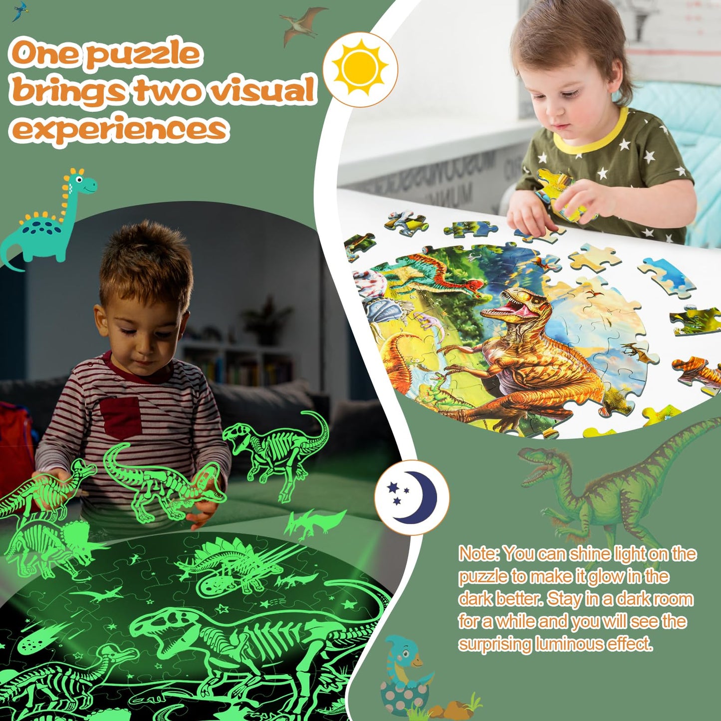 Glow-in-The-Dark Dinosaur Floor Puzzles for Kids Ages 4-6, Kids Jigsaw Puzzles Ages 6-8, 70PCS Large Round Dino Educational Puzzle Toys for 3 4 5 6 7 8 Years Old Children, Easter Gifts for Kids
