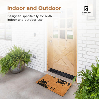 Hi-Bye Cat - 17"x29" - Coir Door Mat with Heavy Duty Backing - Welcome Mats for Entryway, Porch - Anti-Slip PVC & Coconut Fiber Surface - Natural Home Accessories, Minimalist Original Design