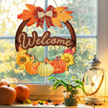 IARTTOP Fall Welcome Front Door Sign(29x28cm) Thanksgiving Pumpkin Wall Hanging Maple Leaves Door Hanger Autumn Harvest Wall Hanging Sign Fall Wreaths for Porch Farmhouse Garden Decoration