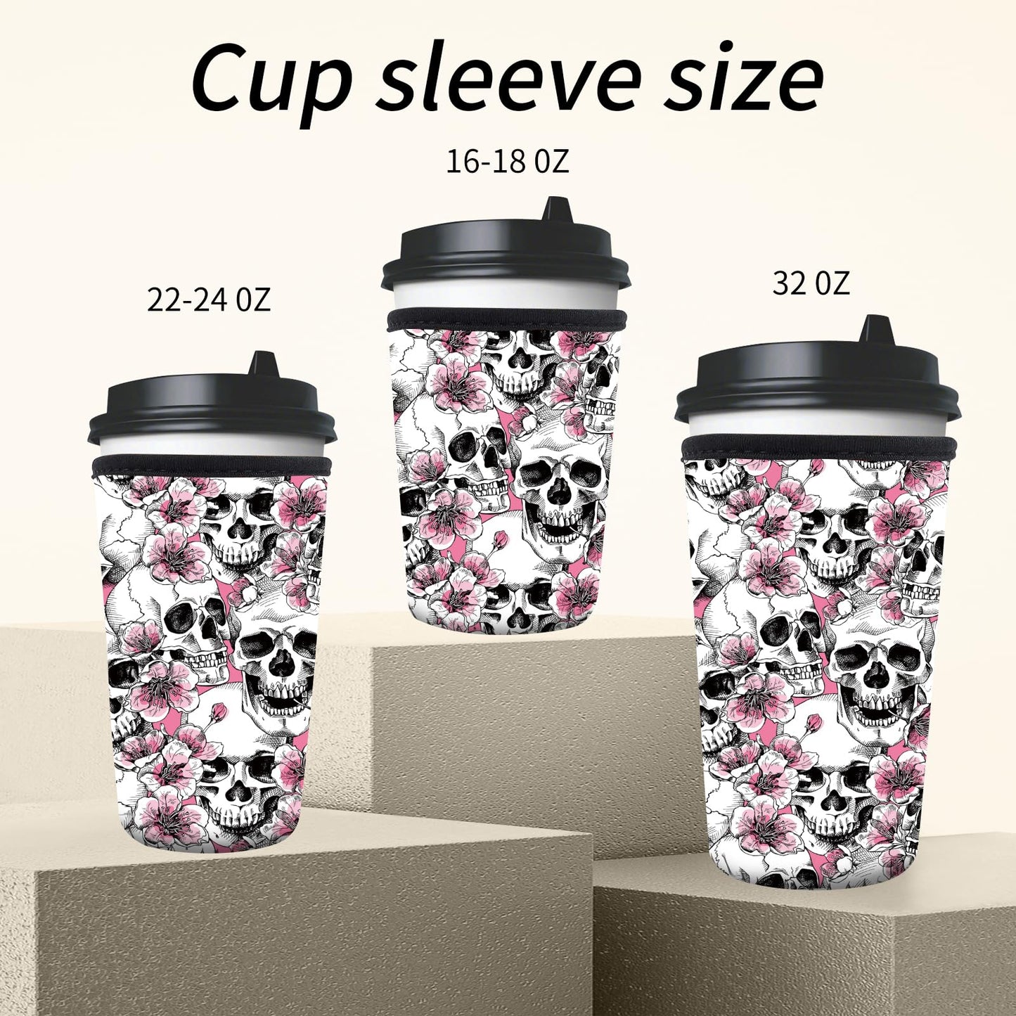 AMZXCFGL 3 Pack Reusable Neoprene Insulator Sleeve for Iced Coffee Cups, Cute Funny Coffee Cup Sleeve, Universal Fit 16-32oz Cups for Hot Cold Beverages Cute Floral Skull