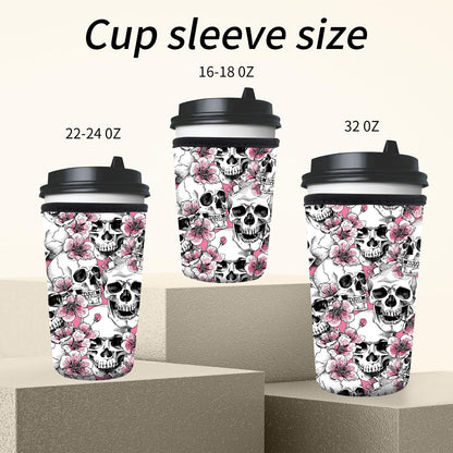 AMZXCFGL 3 Pack Reusable Neoprene Insulator Sleeve for Iced Coffee Cups, Cute Funny Coffee Cup Sleeve, Universal Fit 16-32oz Cups for Hot Cold Beverages Cute Floral Skull