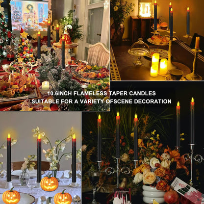 wemarry Flameless Taper Candles 10.6" Dripless Battery Operated Taper Candles Included Remote Timer 400+ Hours by 2AA Batteries for Halloween Christmas Wedding (Black+Burgundy, 6 Pack)