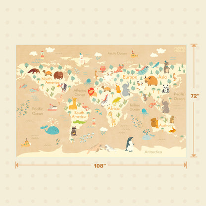 Hazo Haus Large Kids Rugs for Classroom - 6x9 Kids Room Rug with Animal & Educational World Map Play Mat - Washable, Non-Slip, Stain Resistant, Soft & Safe for Child, Playroom Essentials - Soft Beige